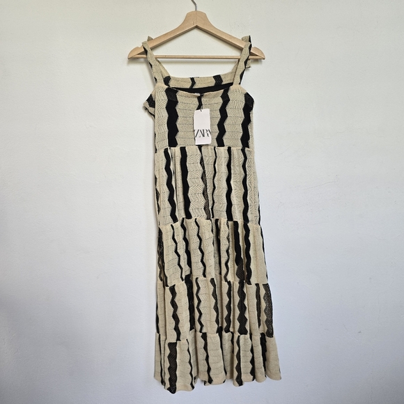 NWT Zara Black Natural Crochet Knit Chevron Stripe Tiered Midi Dress Size S - Picture 8 of 13